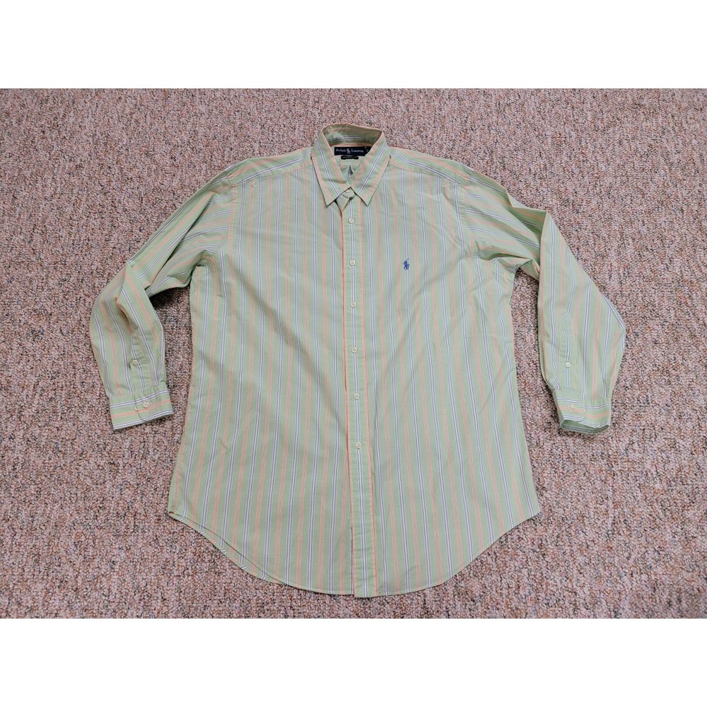 Ralph Lauren Shirt Mens 16 32/33 Green Orange Striped Classic Fit Button Down